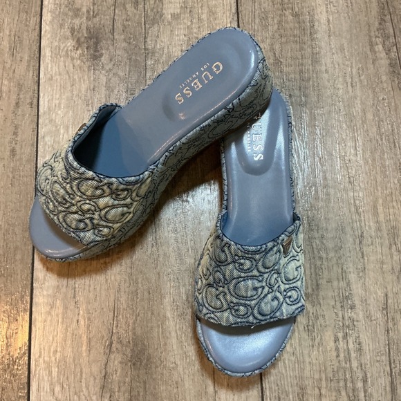 Guess Denim‎ Logo Slides Wedge Sandals Platform Blue Women's Size 7M - Picture 2 of 6